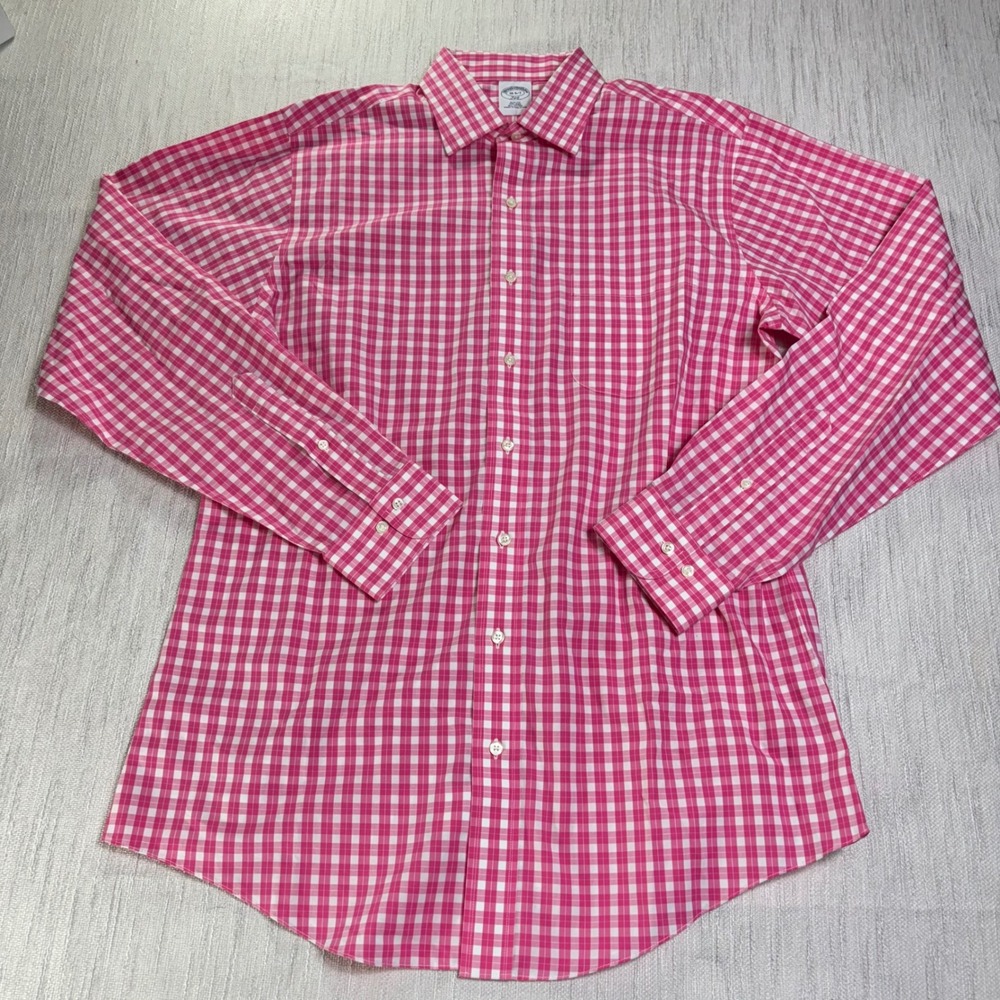 Brooks Brothers Mens Pink Gingham Non-Iron Supima Cotton Button Down Shirt‎ XL